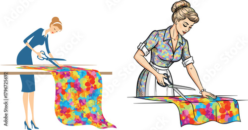 Vintage women cutting colorful fabric on table, retro fashion design, dressmaking, tailoring process, textile creativity, sewing concept illustration