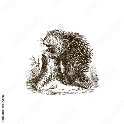 Vintage engraving woodcut porcupine vector illustration art design