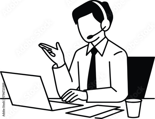 Minimalist black and white illustration of a person wearing a headset at a desk with a laptop microphone