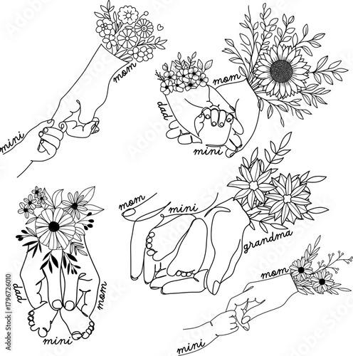 Set of 5 Floral Mom and Baby's Hand & Feet SVG, Silhouette Cricut Outline Line Art, sunflower, flower arrangement, floral bouquet, first time mom dad parent