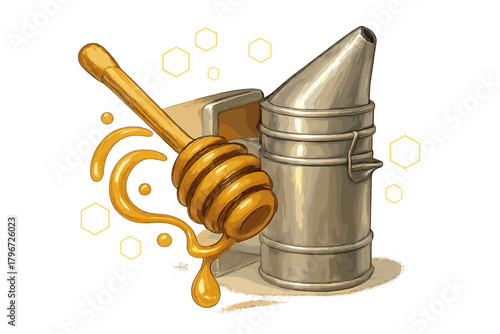 Wooden honey dipper dripping golden liquid next to a classic metal bee smoker and honeycomb shapes
