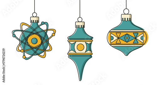 Set of Vibrant teal and gold decorative Christmas hanging holiday ornaments bring retro holiday cheer to seasonal designs