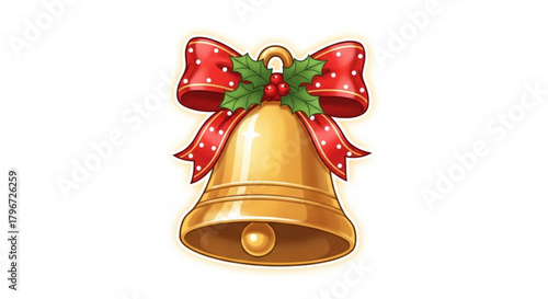 Download christmas bell vector with holly and red ribbon for holiday season greeting card and decoration design