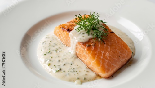 Fototapeta Naklejka Na Ścianę i Meble -  Culinary Composition with Textured Protein and Creamy Sauce on a White Plate.