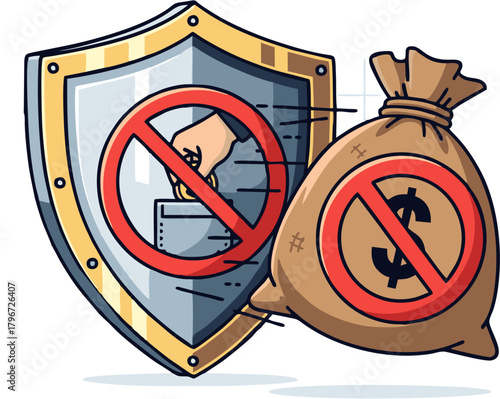 Conceptual illustration depicting the fight against political corruption, featuring a protective shield over a ballot box and a prohibited money bag