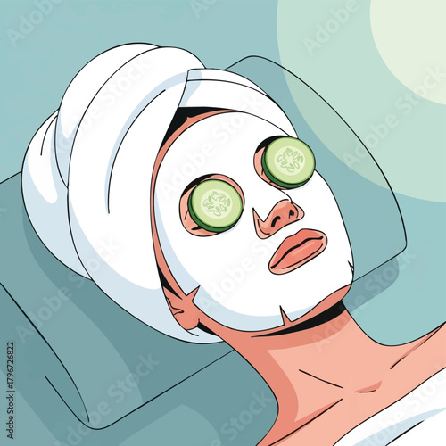 A person relaxes during a spa treatment, wearing a facial mask with cucumber slices over their eyes for rejuvenation and skincare.