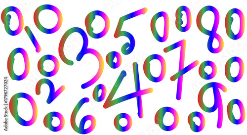 Vibrant abstract numbers in a rainbow of colors randomly scattered on a white background. Vector