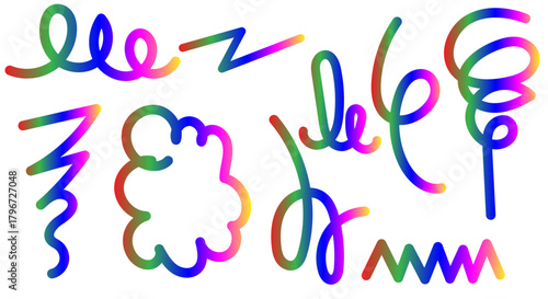 Vibrant abstract squiggles, wavy lines, and spirals in full spectrum colors on white Vector