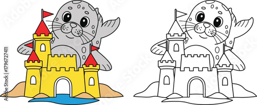 Cute Spotted Seal with Sandcastle Beach Play Cartoon Illustration
