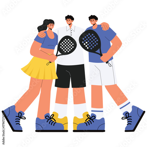 Padel Club Illustration. Vector illustration of Three padel friends pose with rackets, ready for a friendly doubles match at the club. Isolated on background