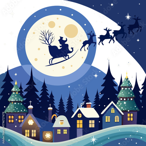 Santa claus flying over town on christmas night on transparent background