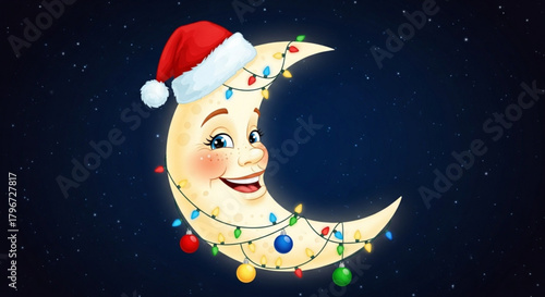 Christmas moon santa hat crescent moon holiday lights festive night sky winter season december celebration