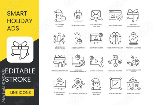 A set of vector icons representing smart holiday advertising solutions powered by AI technologies, created in line style with editable stroke