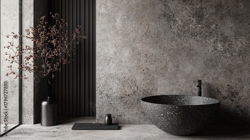 A moody and atmospheric background featuring a deep-toned cement texture, shown as both a flat surface and within a dark, minimalist interior setting. Ideal for dramatic product mockups and industrial