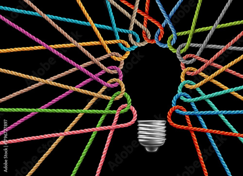Group Think as a a lightbulb formed from intertwined ropes suggests an idea born from shared strength collective thinking and tightly connected team collaboration.
