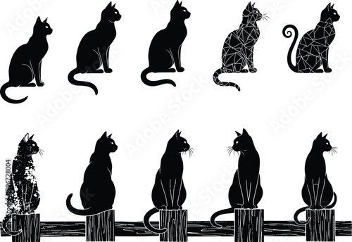Flat vector silhouette of cats in two rows, artistic feline designs, sitting on wooden posts, textured patterns, decorative pet illustration