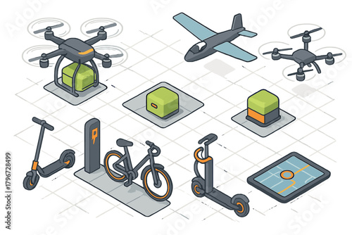 Isometric modern urban transportation, logistics, and shared mobility concepts