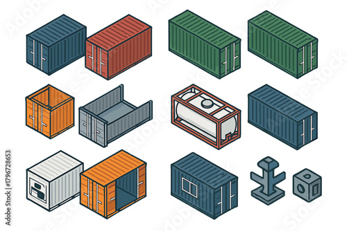 Collection of isometric shipping containers including standard, open top, tank, and specialized cargo units