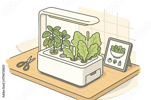 Automated indoor garden system growing fresh organic herbs and vegetables on a wooden counter