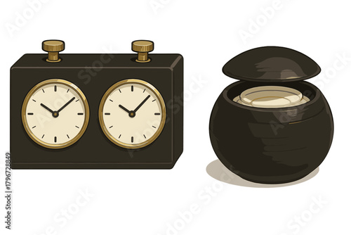 Traditional analog chess clock and wooden Go game bowl with playing stones