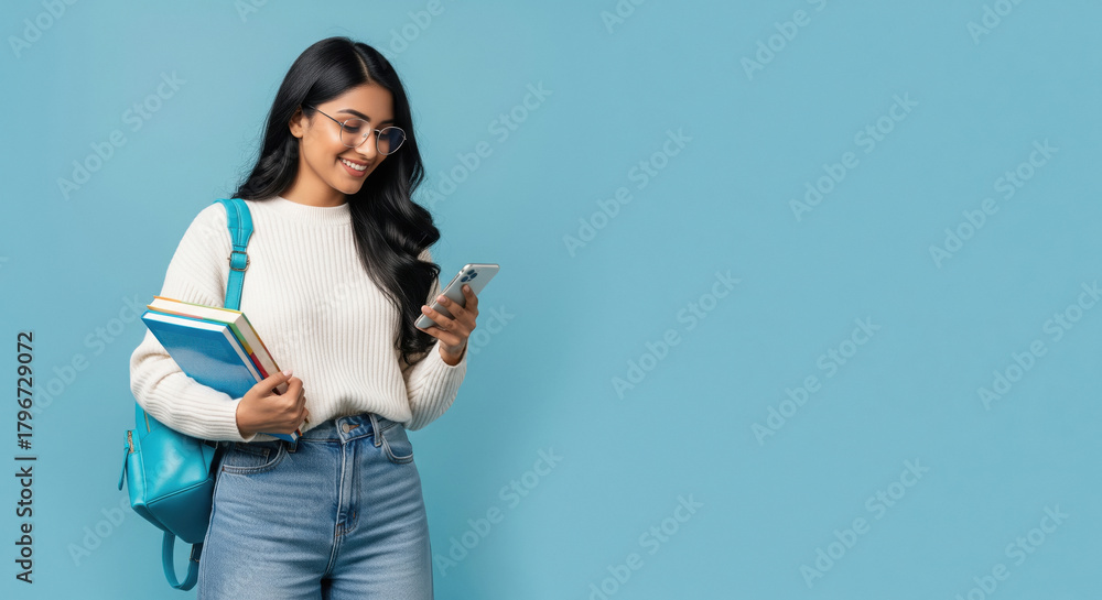 © Shivani - Happy Indian Student Using Smartphone with Books and Backpack