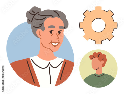 Elderly woman and young person in separate circular frames linked by a gear icon. Ideal for mentoring, teamwork, generational connection, education, change, unity, guidance. Simple flat metaphor