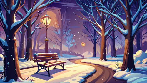A peaceful winter scene featuring a wooden bench blanketed in fresh snow, illuminated by a warm lamplight, surrounded by silent trees and gentle snowfall in a calm urban park