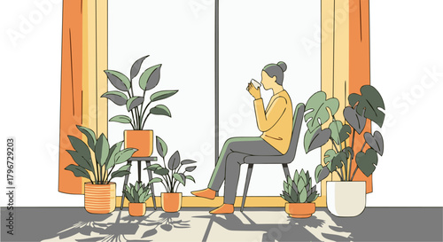 Woman relaxing with a cup of tea by a sunny window, surrounded by a cozy indoor garden of houseplants in a modern flat illustration