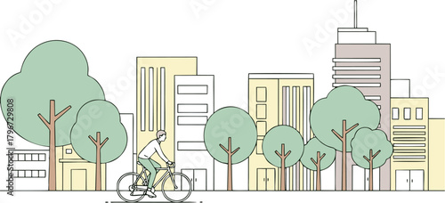 Urban scene illustration of a bicyclist in a green city, representing sustainable transportation and healthy active living in a modern metropolis