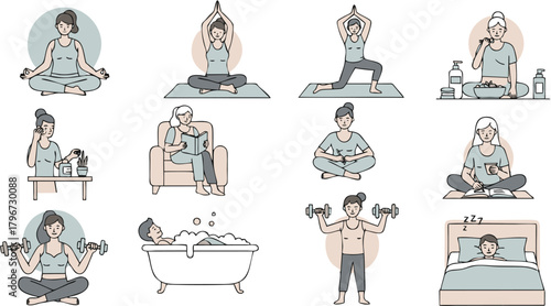 Collection of illustrations depicting various daily activities and wellness practices
