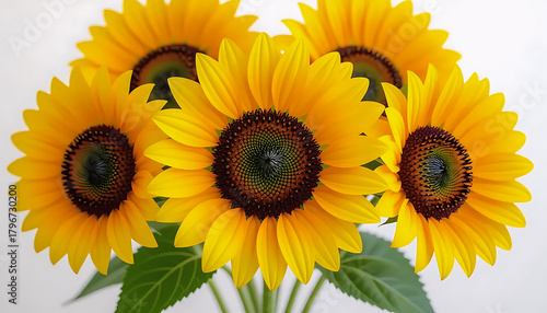 Bright Yellow Sunflower Bunch Isolated on White.Vibrant Sunflowers Bouquet Close-up on White