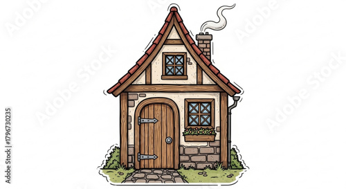 Cute cartoon house illustration of a cottage with chimney and garden vector art for graphic design needs