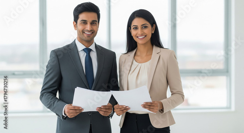 Smiling Indian business partners holding documents in modern office
