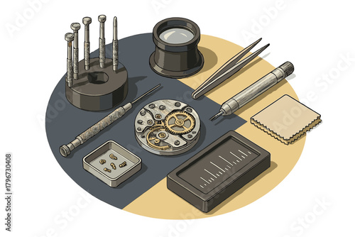 Precision watchmaker tools and disassembled mechanical clock movement parts