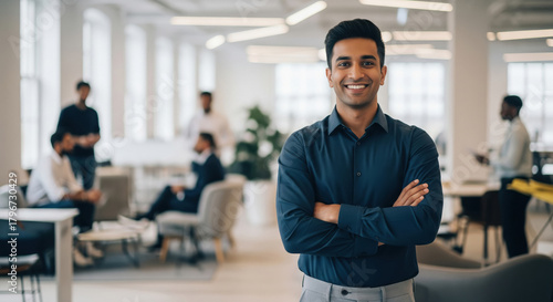 Confident Indian Businessman Smiling in a Modern Office Setting