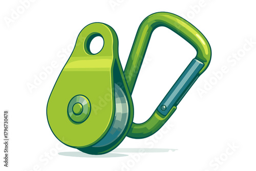 Bright green climbing pulley and carabiner safety equipment for rigging and mountaineering