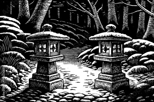 Stone lanterns covered in snow light a narrow path through a quiet forest, creating a spiritual and atmospheric winter journey