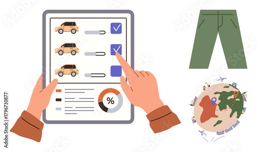 Person interacting with tablet for vehicle selection, analytics pie chart, global map with location pin, and pants symbol. Ideal for logistics, planning, travel, decisions, surveys management