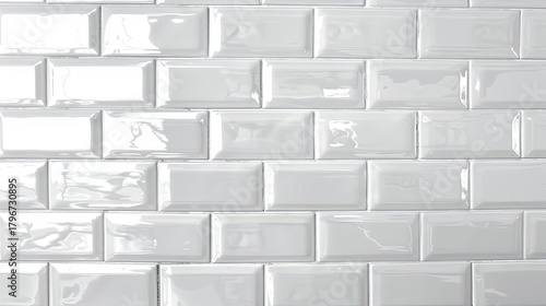 A collection of glossy white metro or subway brick tile textures, including classic, beveled, and 3D wave patterns. A clean background for kitchen, bathroom, and modern spa interiors.