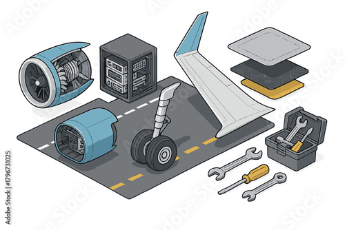 Isometric composition of aviation maintenance components, jet engine, landing gear, wing, server rack, and tools