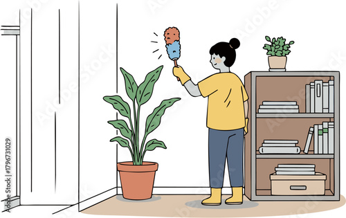 Simple line art illustration of a woman cleaning her home, using a duster on the wall near a plant and bookshelf, representing household chores