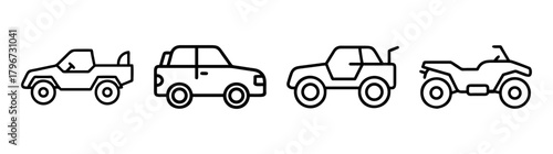 Collection of rugged off-road vehicles line art icons adventure transportation icons