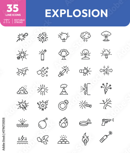 Collection of Explosive and Destructive Line Icons Depicting Various Forms of Energy Release