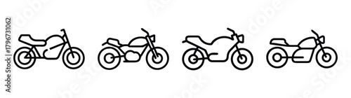 Collection of four detailed line art motorcycle icons showing different models