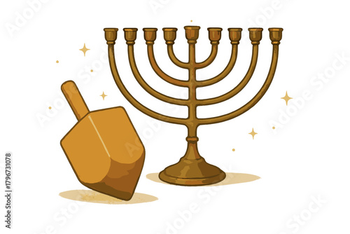 Elegant golden menorah and wooden dreidel symbolizing the Jewish holiday of Hanukkah