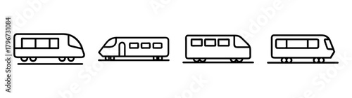 Set of four streamlined passenger train outlines in a row for transportation concepts