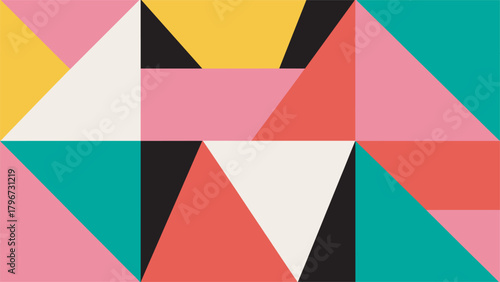 Geometric abstract pattern with pink yellow teal coral and cream shapes background