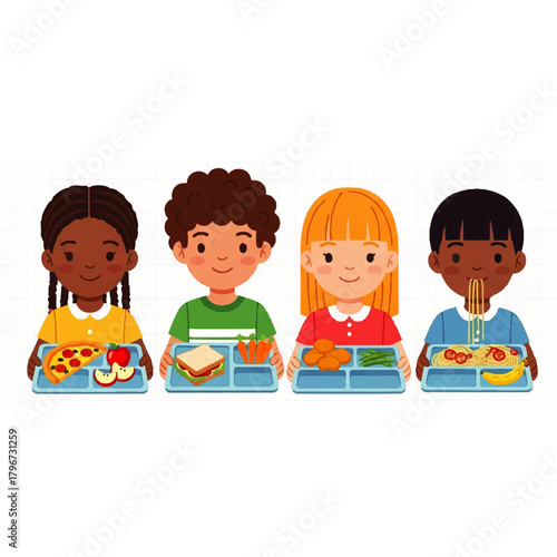 Four Diverse Children Sharing Lunch, Sitting Together at School Cafeteria.