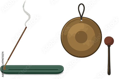 Burning incense stick in a green holder next to a small brass gong and mallet for meditation and relaxation