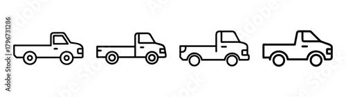 Collection of four minimalist line art pickup trucks in a row